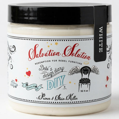 A jar of Primers & Skin Killer DIY 'Salvation Solution' white pigment, featuring a black lid and a white label with red and blue text and illustrations.