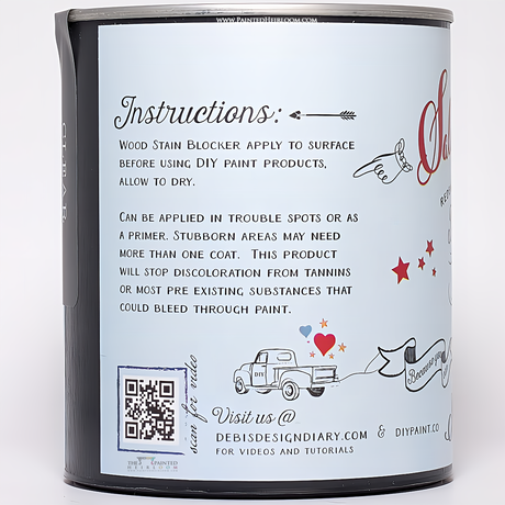 DIY Paint Co. DIY Salvation Solution Primer & Stain Killer can with application tips and a QR code on the label.