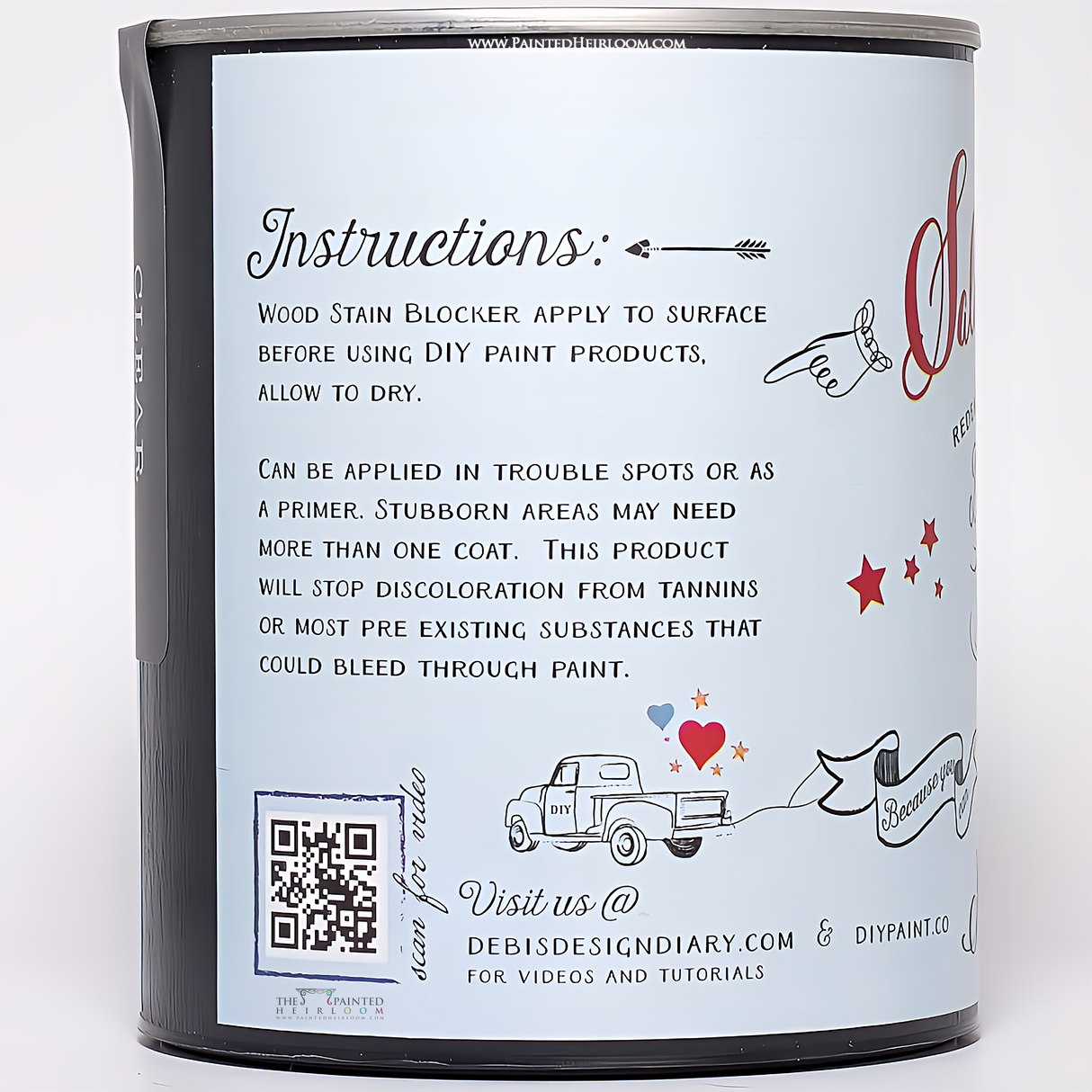 DIY Paint Co. DIY Salvation Solution Primer & Stain Killer label with QR code, primer details, and truck graphic.