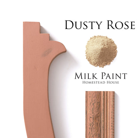 Dusty Rose Milk Paint by Homestead House sample on wood, shown with powder and carved trim, branded label visible.