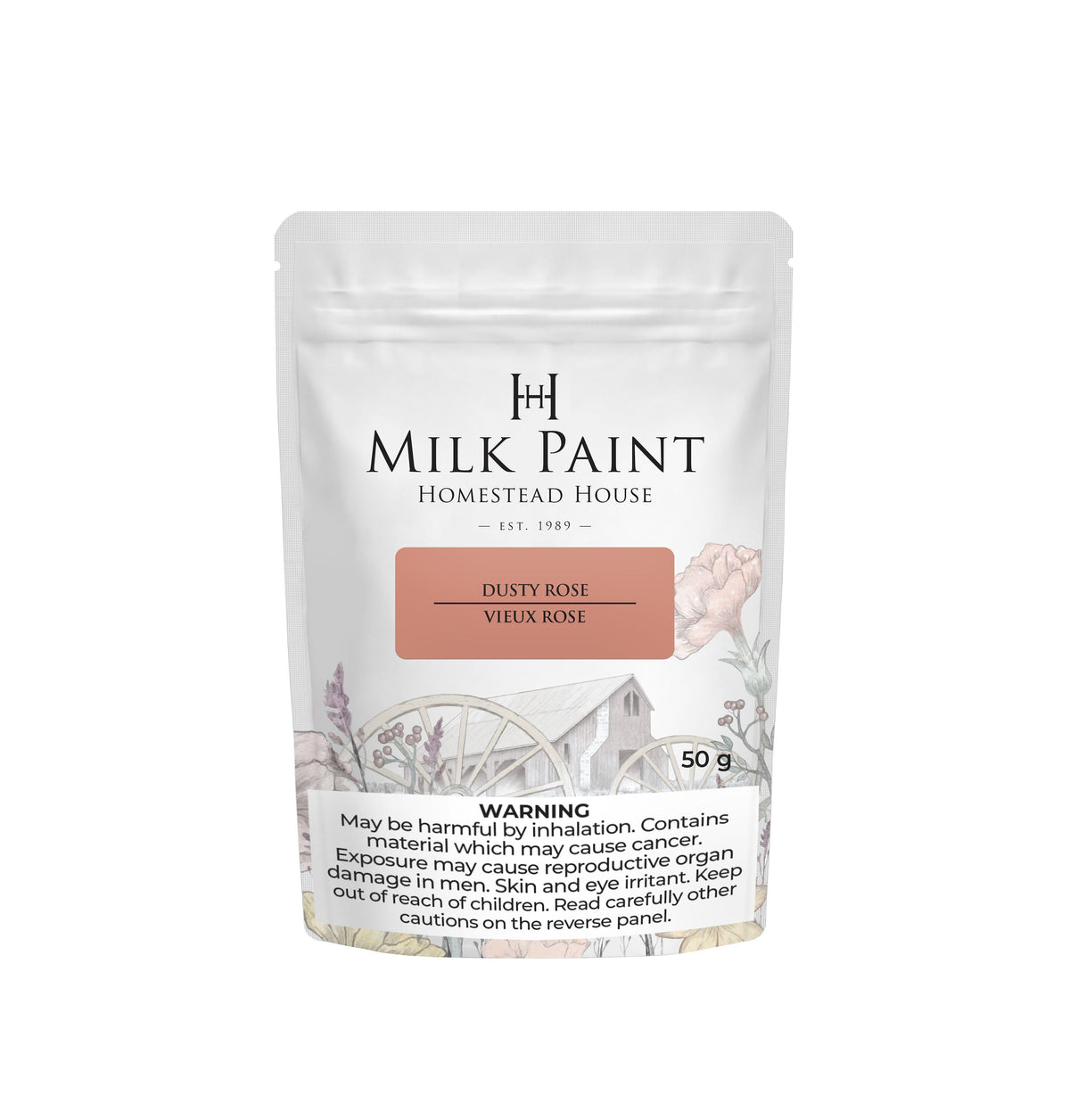Homestead House Dusty Rose Milk Paint 50g pouch with warning label at bottom.
