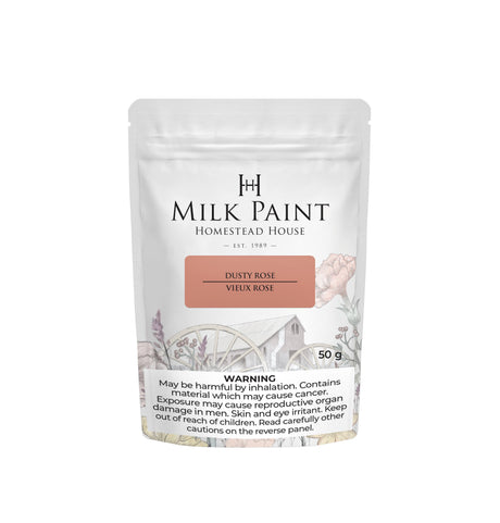 Homestead House Dusty Rose Milk Paint 50g pouch with warning label at bottom.