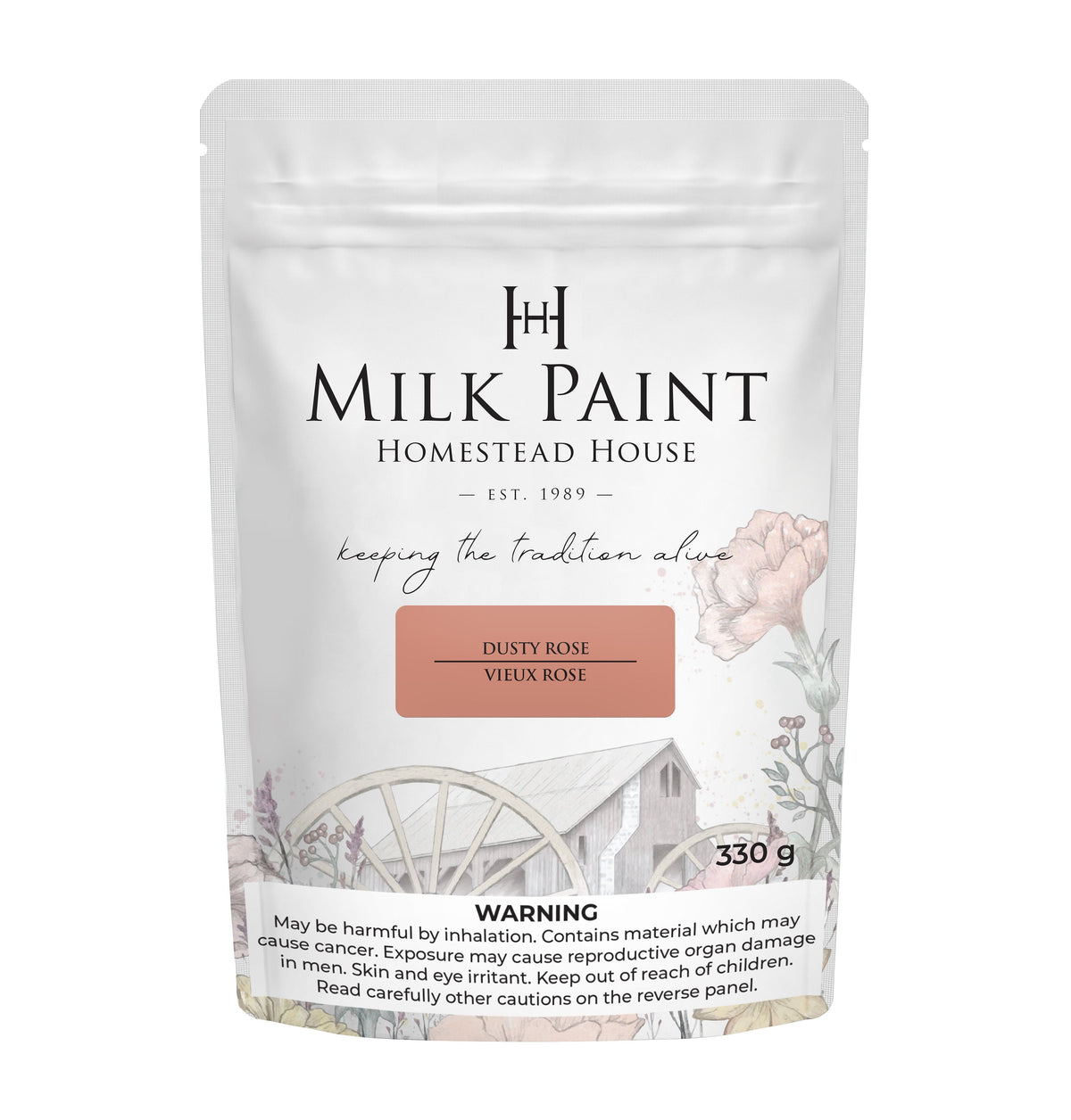 330g Dusty Rose Milk Paint by Homestead House in a bag with floral and house-themed packaging illustrations.