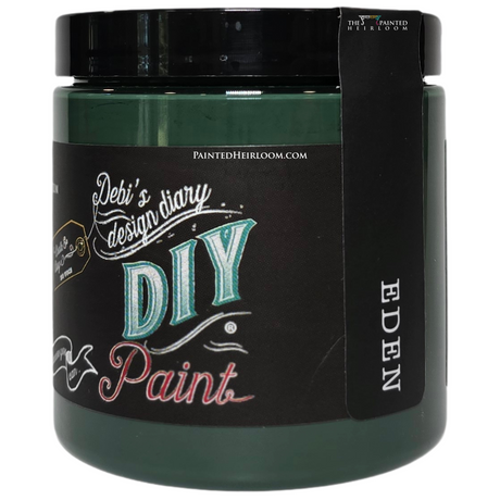 Eden DIY Paint by DIY Paint Co. in a container with black lid and teal label, eco-friendly clay and chalk paint.