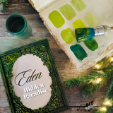 Eden DIY Paint by DIY Paint Co. with paint brush, jar, pine branches, and eco-friendly swatches on wood.
