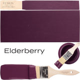 Fusion Mineral Paint Elderberry with matte finish, brush, painted swatches, and open paint jar grouped together.