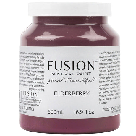 500mL jar of Fusion Mineral Paint in Elderberry with matte finish label.
