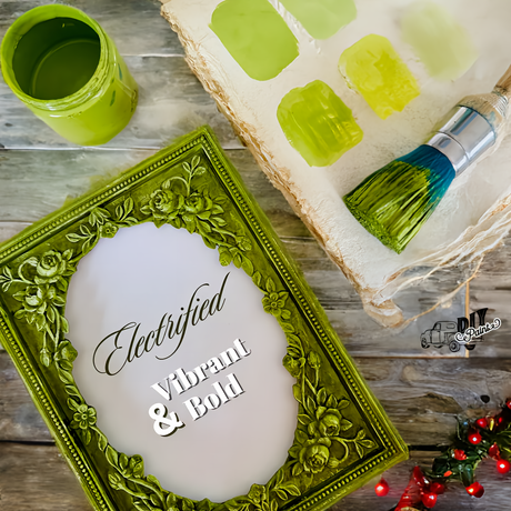 Electrified DIY Paint by DIY Paint Co. with brush, frame, paint swatches, and lights shown. Eco-friendly formula.