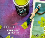 Open Electrified DIY Paint by DIY Paint Co., green paint with brush on vivid canvas, bold vibrant text displayed.