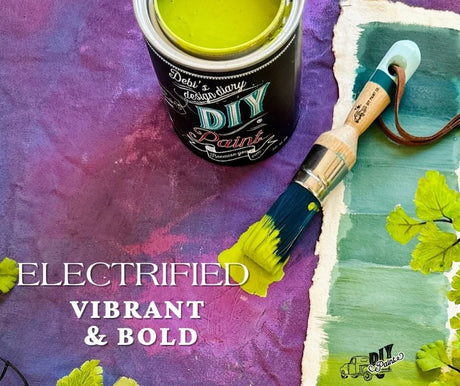 Open Electrified DIY Paint by DIY Paint Co., green paint with brush on vivid canvas, bold vibrant text displayed.