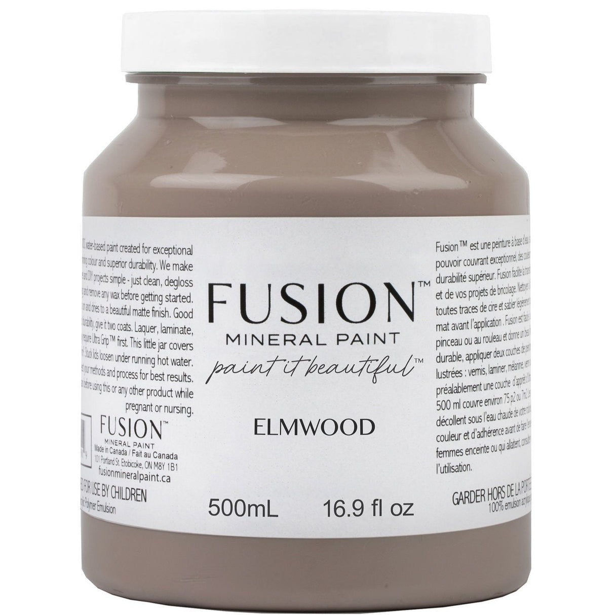 500mL jar of Elmwood Fusion Mineral Paint acrylic for furniture projects.
