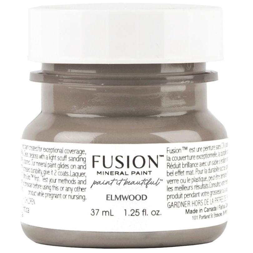 37 mL Elmwood Fusion Mineral Paint, gray-brown, in a white Fusion jar with label.