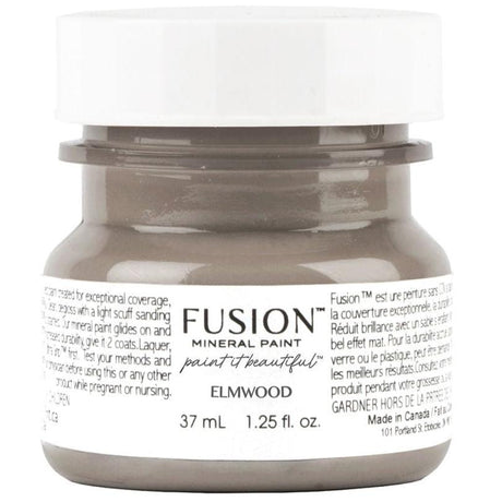 37 mL Elmwood Fusion Mineral Paint, gray-brown, in a white Fusion jar with label.