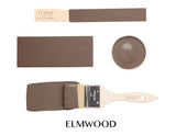 Elmwood Fusion Mineral Paint taupe-brown with brush, painted swatch, dish, and ELMWOOD label visible.
