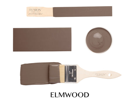 Elmwood Fusion Mineral Paint taupe-brown with brush, painted swatch, dish, and ELMWOOD label visible.