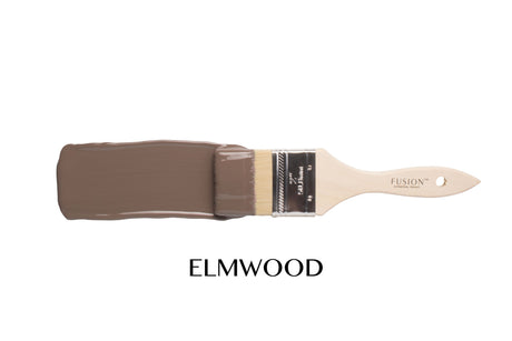 Paintbrush displaying Fusion Mineral Paint in Elmwood shade, labeled below. White background.