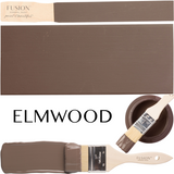 Elmwood Fusion Mineral Paint displayed on a brush, wood plank, cup, and flat surface.