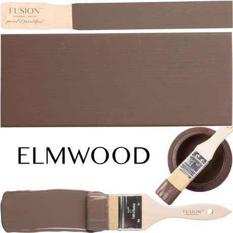 Elmwood Fusion Mineral Paint displayed on a brush, wood plank, cup, and flat surface.