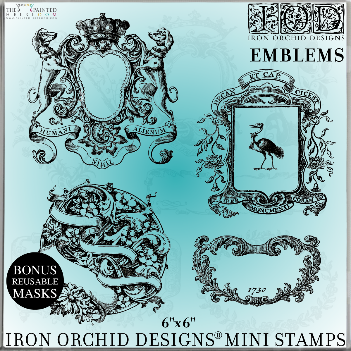 IOD Emblems Mini-Stamp featuring four vintage bookplate designs with animals, plants, and scrollwork by I.O.D.