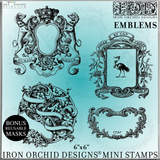 IOD Emblems Mini-Stamp featuring four vintage bookplate designs with animals, plants, and scrollwork by I.O.D.