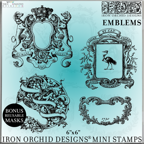 IOD Emblems Mini-Stamp featuring four vintage bookplate designs with animals, plants, and scrollwork by I.O.D.