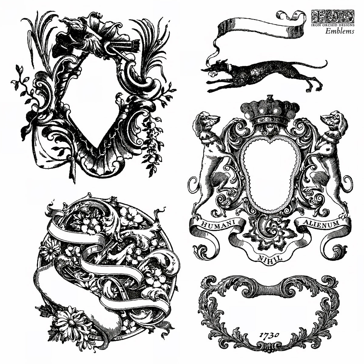 I.O.D. Emblems Mini-Stamps set of 6, ornate designs inspired by vintage bookplates for DIY crafts.