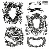 I.O.D. Emblems Mini-Stamps set of 6, ornate designs inspired by vintage bookplates for DIY crafts.