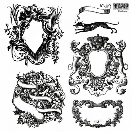 I.O.D. Emblems Mini-Stamps set of 6, ornate designs inspired by vintage bookplates for DIY crafts.