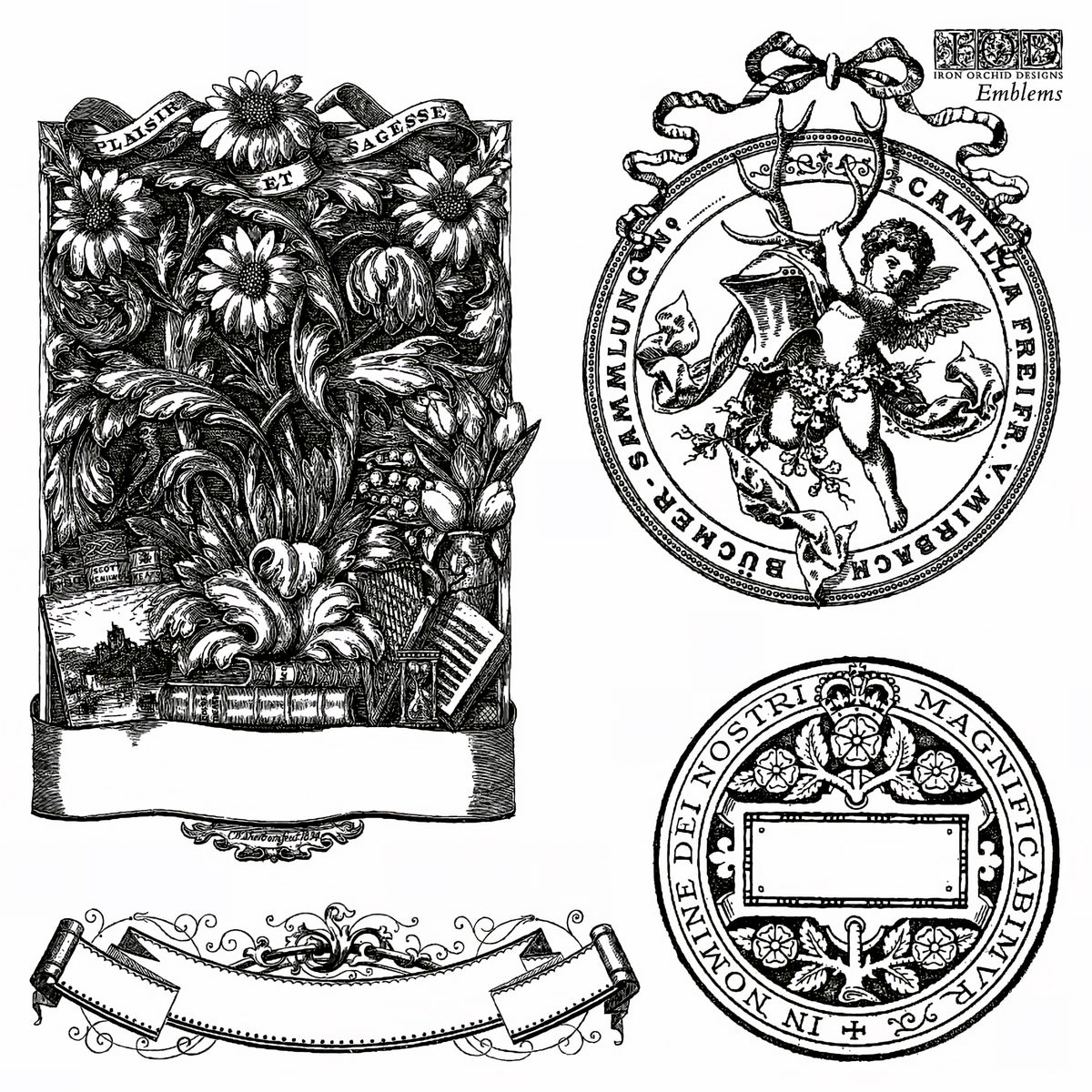 I.O.D. Emblems Mini-Stamp: black-and-white motifs with blank banners for personalized text on crafts or bookplates.