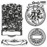 I.O.D. Emblems Mini-Stamp: black-and-white motifs with blank banners for personalized text on crafts or bookplates.