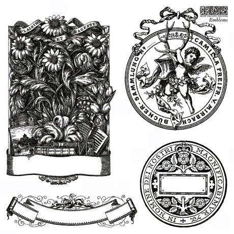 I.O.D. Emblems Mini-Stamp: black-and-white motifs with blank banners for personalized text on crafts or bookplates.