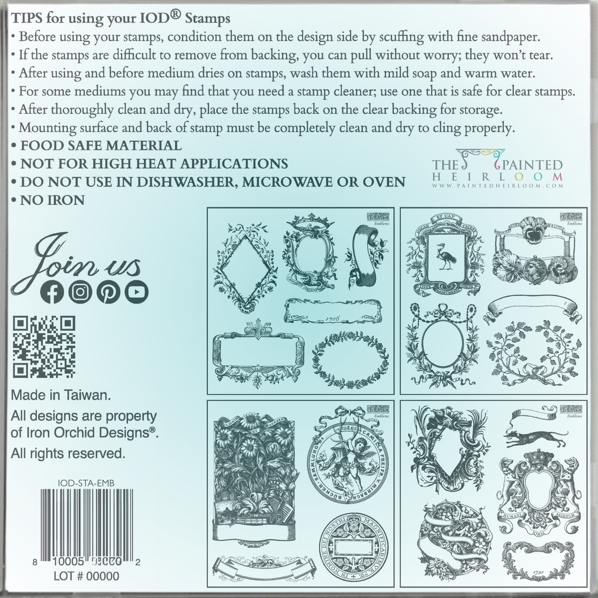 DIY sheet with 16 black-and-white frame designs from Emblems Mini-Stamp by I.O.D.; tips included.