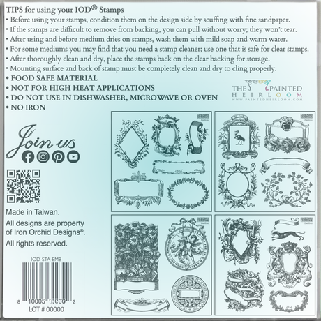DIY sheet with 16 black-and-white frame designs from Emblems Mini-Stamp by I.O.D.; tips included.