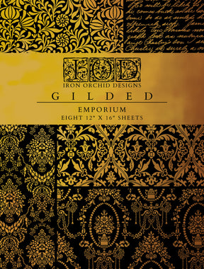 Emporium Gilded Transfer by IOD, set of eight 12x16 sheets with gold and black patterns, brand I.O.D.