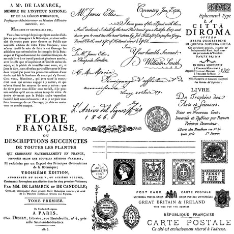 Collage of vintage French and English text, stamps, and marks made with Ephemeral Type Stamp by I.O.D.