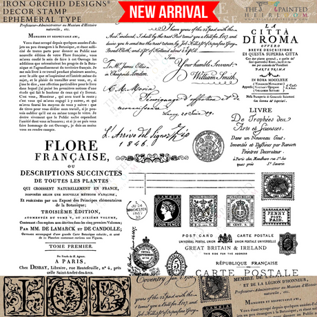Botanical collage art with I.O.D. Ephemeral Type Stamp by Iron Orchid Designs, NEW ARRIVAL banner above.