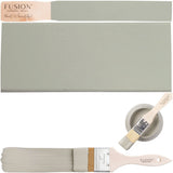 Fusion Mineral Paint Eucalyptus shade swatch, brush, and bowl arranged together.