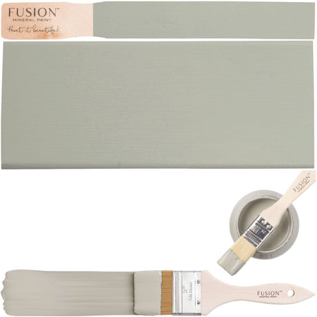 Fusion Mineral Paint Eucalyptus shade swatch, brush, and bowl arranged together.