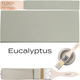 Fusion Mineral Paint Eucalyptus shown as a swatch, on a brush, and in an open container with brush.
