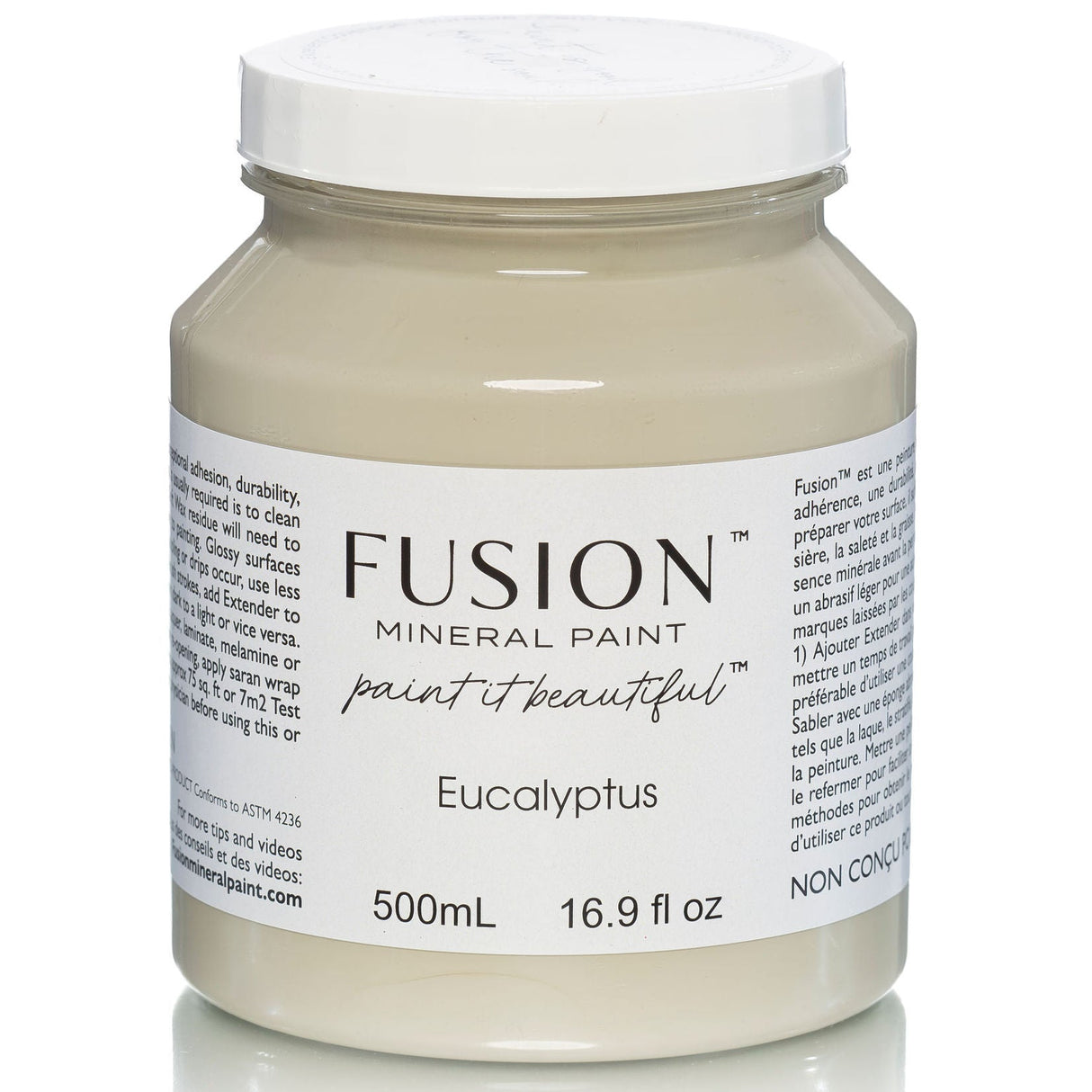 Fusion Mineral Paint 500mL jar in Eucalyptus, a muted green, with white lid and branded label.