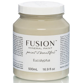 Fusion Mineral Paint 500mL jar in Eucalyptus, a muted green, with white lid and branded label.