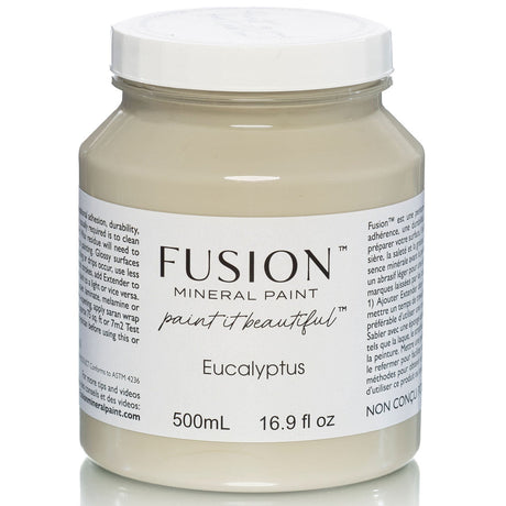 Fusion Mineral Paint 500mL jar in Eucalyptus, a muted green, with white lid and branded label.