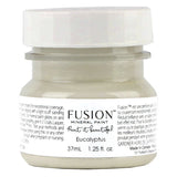 37mL Fusion Mineral Paint jar, Eucalyptus (muted green) shade, gray paint visible, white label.