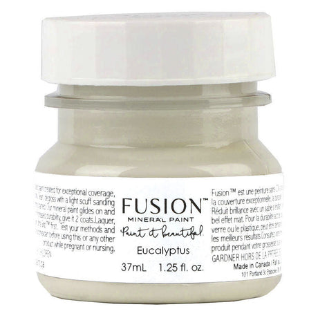 37mL Fusion Mineral Paint jar, Eucalyptus (muted green) shade, gray paint visible, white label.