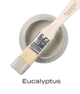 Open jar of Fusion Mineral Paint Eucalyptus, muted green shade, with brush dipped and resting on the rim.