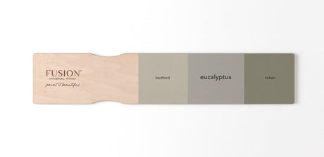Three Fusion Mineral Paint swatches: Bedford, Lichen, and Eucalyptus displayed on a wood board.