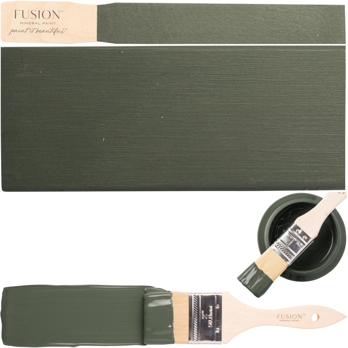 Everett Fusion Mineral Paint in olive green shown in a jar, on a swatch, and being brushed on a surface.