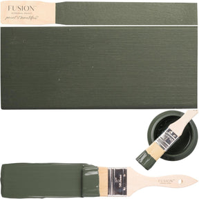 Everett Fusion Mineral Paint in olive green shown in a jar, on a swatch, and being brushed on a surface.