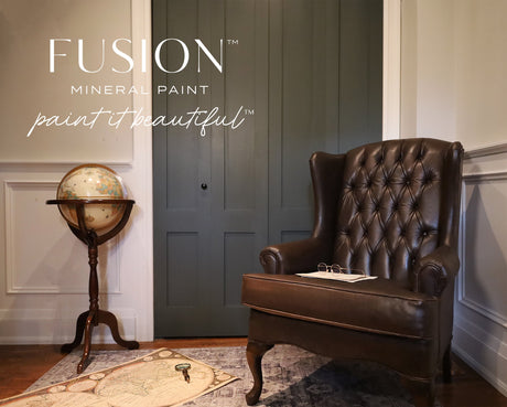 Everett by Fusion Mineral Paint, a muted olive green color swatch for cozy room decor.