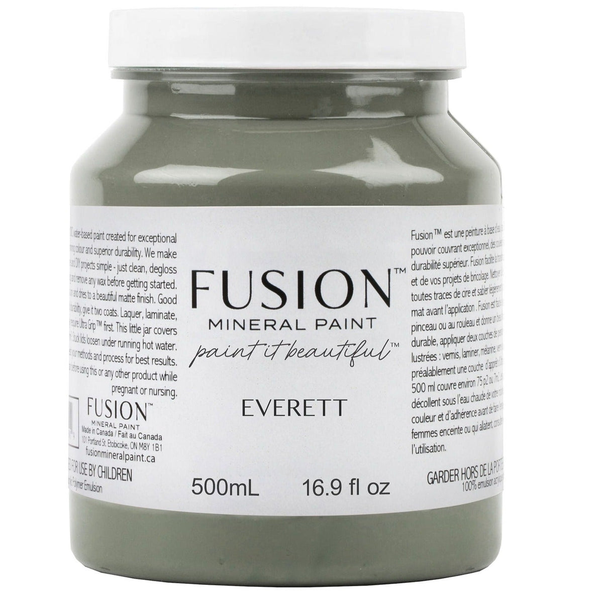 500ml jar of Everett Fusion Mineral Paint in grayish olive green with white label.